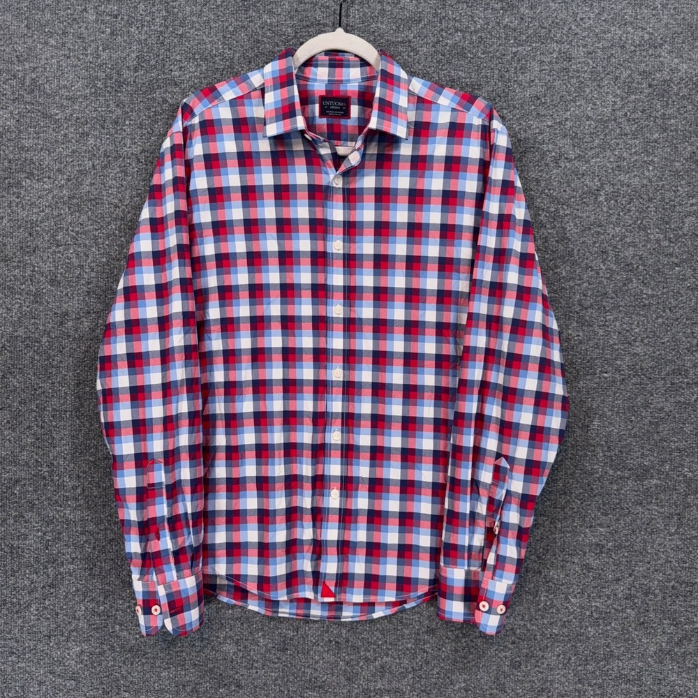 Untuckit Shirt Mens Medium Blue Red Plaid Performance Stretch Button Down